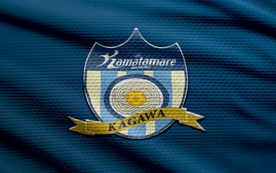 Kamatamare Sanuki fabric logo, 4k, blue fabric background, J3 League, bokeh, soccer, Kamatamare Sanuki logo, football, Kamatamare Sanuki emblem, Kamatamare Sanuki, japanese football club, Kamatamare Sanuki FC