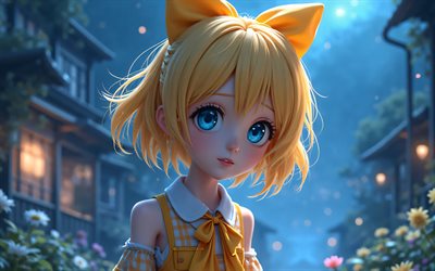 rin kagamine, 4k, occhi azzurri, vocaloide, 3d art, protagonisti, manga, arte digitale, personaggi vocaloidi, kagamine rin, cantanti virtuali giapponesi, rin kagamine vocaloid