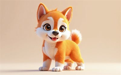 4k, netter 3d husky, cartoon 3d husky, shiba inu, süße tiere, heiser, 3d  tiere, cartoon 3d  tiere, lustiger husky, kleiner husky, orangefarbener hintergrund