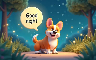 gute nacht, 4k, 3d  kunst, cartoon corgi, nacht, sommer, sprachblasen, gute nachtwünsche, haustiere, hunde, corgi, zeichentrickhunde, gute nachtkonzepte