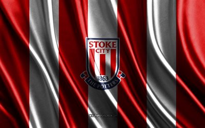 4k, stoke city fc logosu, şampiyonluk, kırmızı beyaz ipek dokusu, stoke city fc bayrağı, ingiliz futbol takımı, futbol, ipek bayrağı, stoke city fc amblemi, ingiltere, stoke city fc rozeti, stoke city fc