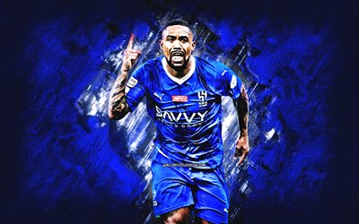 Malcom, Al-Hilal FC, Brazilian football player, Al Hilal SFC, blue stone background, grunge art, Saudi Arabia, football, Malcom Filipe Silva de Oliveira, Malcom Al-Hilal