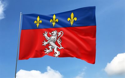 flag lyon sur le mât, 4k, villes françaises, ciel bleu, drapeau de lyon, drapeaux satin ondulés, villes de france, mât avec drapeau, jour de lyon, france, lyon