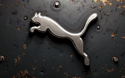 4k, puma metal logo, sfondo del grunge metallico, puma, grunge art, emblema puma, marchio di abbigliamento, texture di grunge in metallo, logo puma 3d