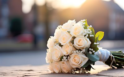 rose bianche, 4k, bouquet di nozze di rose, fiori bianchi, rose, avvicinamento, bouquet, bellissimi fiori, sfondi con rose, gemme bianche, bouquet di nozze