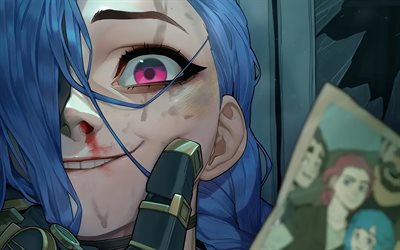 재수 불길한 물건, 4k, 빨간 눈, 리그 오브 레전드, 작품, 전설 리그 캐릭터, ㅋㅋㅋ, jinx league of legends