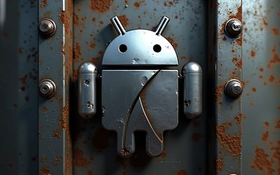 Android logo, grunge art, Android emblem, Android robot, metal art, rusty metal background, Android, Android logo background, 3D metallic Android logo