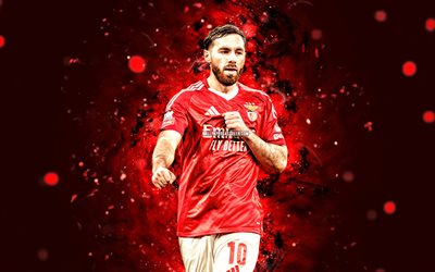 4k, Orkun Kokcu, red abstract background, Benfica FC, Primeira Liga, Turkish footballers, Orkun Kokcu 4K, red neon lights, football, soccer, Liga Portugal, Orkun Kokcu Benfica, SL Benfica
