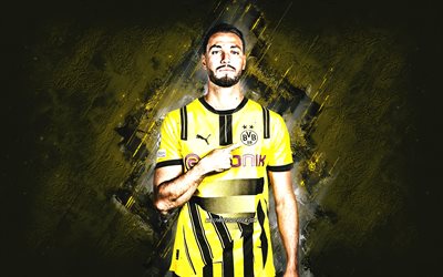 ramy bensebaini, borussia dortmund, footballeur algérien, bvb, grunge, contexte en pierre jaune, bundesliga, allemagne, football, ramy bensebaini borussia dordmund