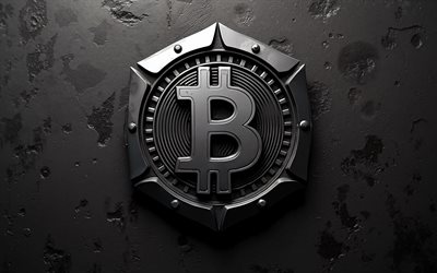 4k, logotipo de aço 3d bitcoin, fundo de pedra preta, logotipo de bitcoin, criptomoeda, logotipo 3d bitcoin, emblema de bitcoin, arte criativa, bitcoin
