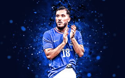 Rayan Cherki, 4k, blue neon lights, France national football team, french footballers, Rayan Cherki 4K, football, soccer, national teams, Rayan Cherki France team, FFF