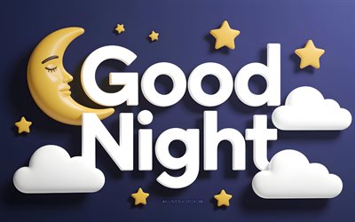 4k, buona notte wish, sfondo viola, cielo notturno con nuvole, buona notte di iscrizione, concetti della buona notte dell'arte 3d, buona notte auguri, paesaggio notturno