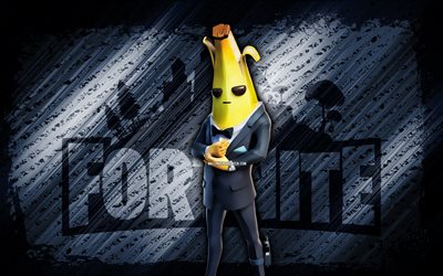 Shadow Agent Peely Fortnite, 4k, gray diagonal background, grunge art, Fortnite, artwork, Shadow Agent Peely Skin, Fortnite characters, Shadow Agent Peely, Fortnite Shadow Agent Peely Skin