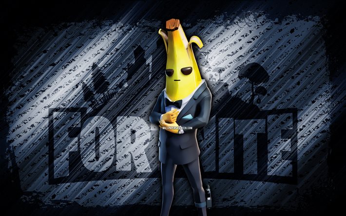 Shadow Agent Peely Fortnite, 4k, gray diagonal background, grunge art, Fortnite, artwork, Shadow Agent Peely Skin, Fortnite characters, Shadow Agent Peely, Fortnite Shadow Agent Peely Skin