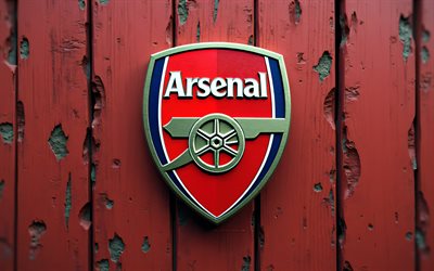arsenal fc 3d  logo, 4k, roter holzhintergrund, premier league, fußball, arsenal fc logo, englische fußballmannschaft, arsenal fc emblem, arsenal fc