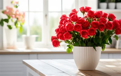 4k, bouquet of roses, red roses, bokeh, red bouquet, roses, close-up, brides bouquet, red flowers, background with roses, roses in pot