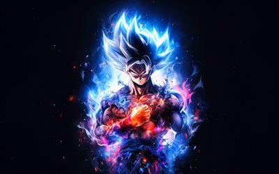 4k, Son Goku, fire flames, Dragon Ball, minimalism, Dragon Ball characters, Japanese manga, Dragon Ball Super, DBS characters, Son Goku DBS