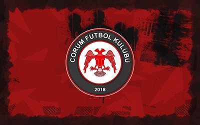 logo grunge fk, 4k, 1 lig, fond grunge rouge, football, emblème fk, logo fk, сorum fk, club de football turc, сorum fc