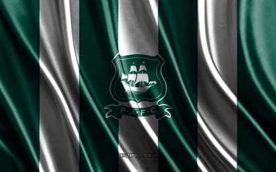 4k, logo plymouth fc, campionato, consistenza della seta bianca verde, plymouth fc flag, squadra di calcio inglese, calcio, bandiera di seta, emblema di plymouth fc, inghilterra, distintivo di plymouth fc, plymouth fc