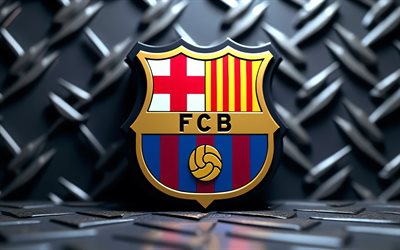 fc logoto metal de barcelona, 4k, fondo de cuadrícula de metal, laliga, fcb, fútbol, logotipo de fc barcelona, fútbol americano, fc barcelona 3d logotipo, barcelona fc, club de fútbol español, fc barcelona emblema, fc barcelona