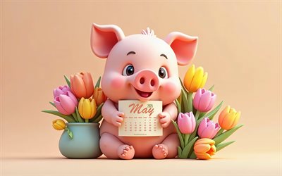 2025 mai kalender, 4k, 3d  rosa schwein, 3d  tulpen, mai 2025 kalender, schwein mit kalender, kleines 3d  rosa schwein, mai, kalender, 2025 konzepte