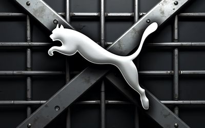 4k, puma metal logo, 3d art, sfondi della griglia metallica, marchi, logo puma 3d, creativo, logo puma, marchi di moda, puma