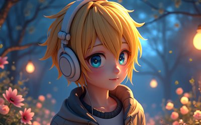Len Kagamine, 4k, night, Vocaloid, white headphones, 3D art, blue eyes, protagonists, manga, Vocaloid characters, Kagamine Len, japanese virtual singers, Len Kagamine Vocaloid