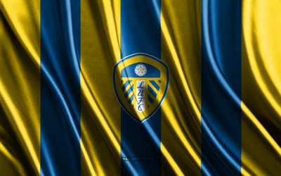 4k, Leeds United FC logo, Championship, yellow blue silk texture, Leeds United FC flag, English football team, football, silk flag, Leeds United FC emblem, England, Leeds United FC badge, Leeds United FC