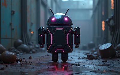 androidi, 4k, käyttöjärjestelmä, android 3d  robotti, android 3d  logo, android  luova taide, android  tausta, yö, kasvot, android neon  logo, 3d android metal  logo