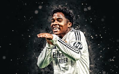 4k, Endrick Felipe, black abstract background, Real Madrid, La Liga, brazilian footballers, white neon lights, Endrick Felipe 4K, football, soccer, Endrick, Real Madrid CF, LaLiga, Endrick Real Madrid