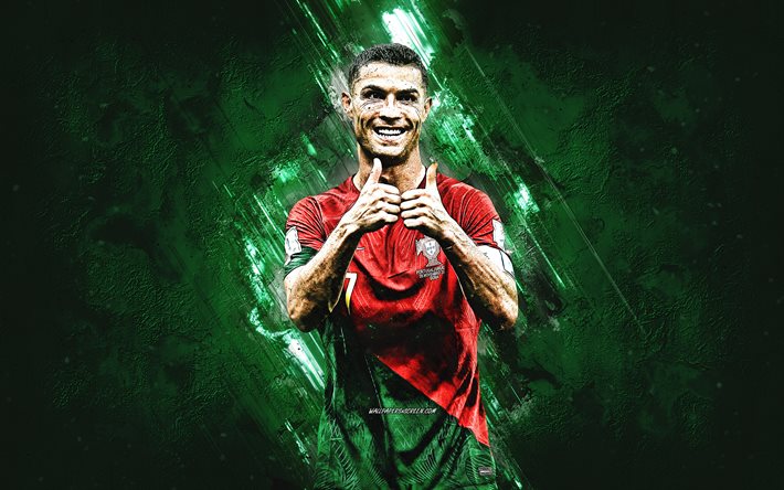 Cristiano Ronaldo, CR7, Portugal national football team, green stone background, Portugal, football, grunge art, CR7 art