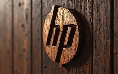 Hewlett-Packard logo, 4k, HP, creative art, Hewlett-Packard 3d brown wooden logo, HP logo, black wooden backround, Hewlett-Packard 3d logo, Hewlett-Packard, 3d Hewlett-Packard emblem
