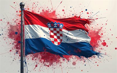 kroatische flagge, 4k, kroatienflagge am fahnenmast, kroatische farbe spritzt flagge, grunge  kunst, flagge von kroatien, kreative kunst, kroatienflagge, kroatien