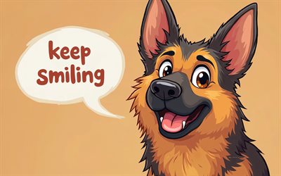 4k, lächle weiter, cartoon deutscher schäferhund, 3d  kunst, minimalismus, sprachblasen, lächeln sie weiter, deutscher schäferhund, hunde, haustiere, zeichentrickhunde