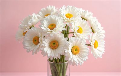 4k, 白いヒナギクの花束, ピンクの背景, 白いヒナギク, 3d花, 3dヒナギク, デイジーブーケ, 白い花, デイジー, 白いヒナギクの背景, 3dホワイトデイジー