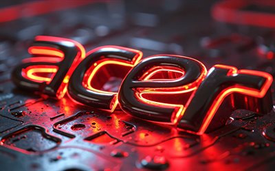 Acer red logo, 4k, metal backgrounds, red neon lights, Acer 3D logo, artwork, Acer metal logo, Acer logo, electronics brands, Acer