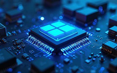 windows 11  logo, 4k, windows 11 kuten 3d  siru, emolevy, siniset neonvalot, windows 11 3d  logo, windows  logo, ikkunat, microsoft  logo