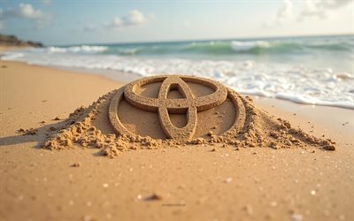 トヨタのロゴ, 4k, 夏, 砂で作られたトヨタのロゴ, ビーチ, 3dトヨタロゴ, 砂, トヨタのエンブレム, トヨタ