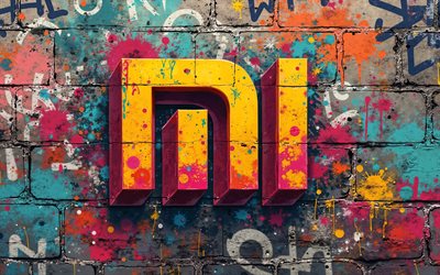 4k, Xiaomi graffiti logo, street art, creative, colorful brickwall, electronics brands, Xiaomi abstract logo, brands, Xiaomi colorful logo, artwork, Xiaomi logo, Xiaomi