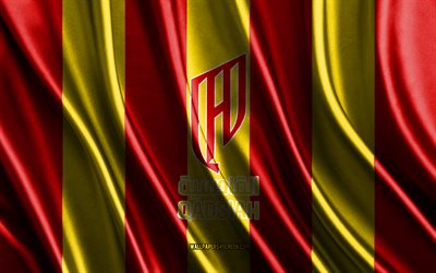 4k, Al Qadsiah FC logo, Saudi Pro League, red yellow silk texture, Al Qadsiah FC flag, Saudi football club, soccer, silk flag, Al Qadsiah FC emblem, Saudi Arabia, Al Qadsiah FC badge, Al Qadsiah FC