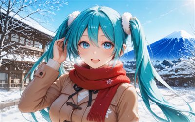 4k, hatsune miku, 겨울, 보컬 로이드, 초록 예술, 푸른 머리, 미쿠 하츠네, cv01, 보컬 로이드 캐릭터, hatsune miku vocaloid