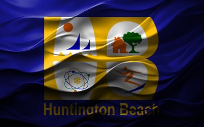 4k, ハンティントンビーチの旗, カリフォルニア, アメリカの都市, 3dハンティントンビーチの旗, アメリカ合衆国, 3dテクスチャ, ハンティントンビーチの日, アメリカの国民のシンボル, 3dアート, ハンティントンビーチ