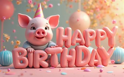 alles gute zum geburtstag, 4k, nettes ferkel, alles gute zum geburtstag 3d einschreibung, 3d  cartoon  ferkel, alles gute zum geburtstag wunsch, alles gute zum geburtstagskonzepte, alles gute zum geburtstag hintergrund mit ferkel