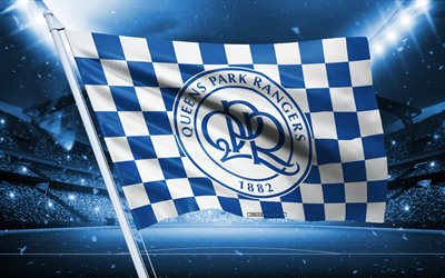 4k, QPR FC logo, English football club, stadium flag, QPR FC fans flag, blue white flag, QPR FC emblem, Championship, England, football, QPR FC, Queens Park Rangers