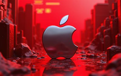 Apple logo, 4k, 3d Apple logo, red hi-tech background, high quality, Apple emblem, red technology background, Apple