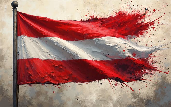 Austrian flag, 4k, Austria flag on the flagpole, Austrian paint splashes flag, Austria, grunge art, Austria flag, flag of Austria