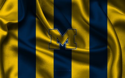 4k, logo michigan wolverines, tessuto di seta giallo blu, team di calcio americano, emblema del michigan wolverines, ncaa, michigan wolverines, usa, football americano, michigan wolverines football