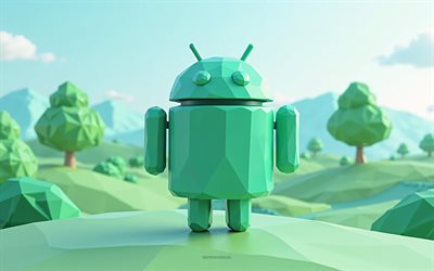 Android origami logo, green Android logo, polygon 3d summer landscape, Android logo, polygon green trees, Android robot, Android, creative art