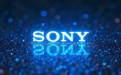 4k, 소니 블루 로고, 작품, 파란색 초록 배경, 브랜드, 소니 네온 로고, 창의적인, 소니 로고, 전자 브랜드, 소니