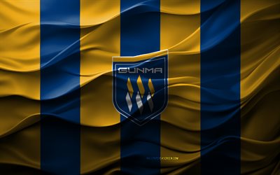 4k, logoto gunma thespa, fondo 3d amarillo azul, liga j3, emblema de la pistola, equipo de fútbol japonés, bandera de gunma de thespa, textura 3d, japón, tegma, fútbol americano, fútbol, teatro gunma fc